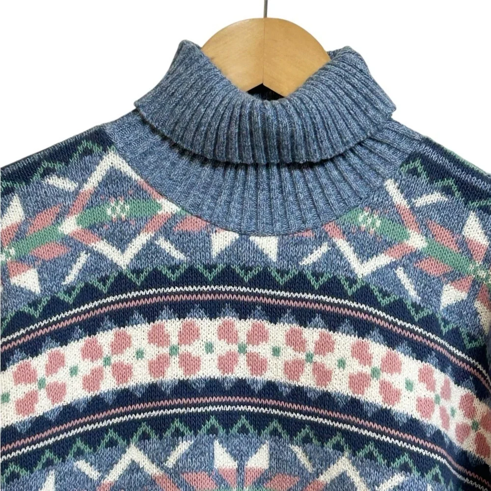 Vintage Winter Fair Isle Turtleneck Sweater Blue Multicolor Cozy Knit Large NWT